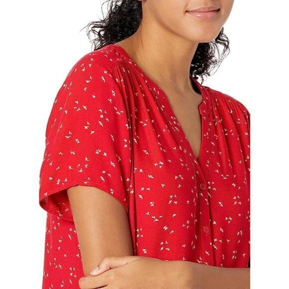Red Floral Short-Sleeve V-Neck Woven Blouse Size‎ M RefJ001-2 - Picture 11 of 12